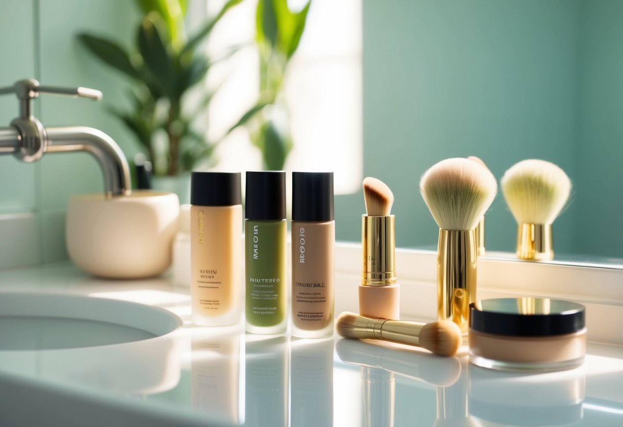 A serene, sunlit bathroom vanity with cruelty-free, plant-based makeup products neatly arranged in a row. A soft, eco-friendly makeup brush sits beside a mirror, reflecting a glowing complexion