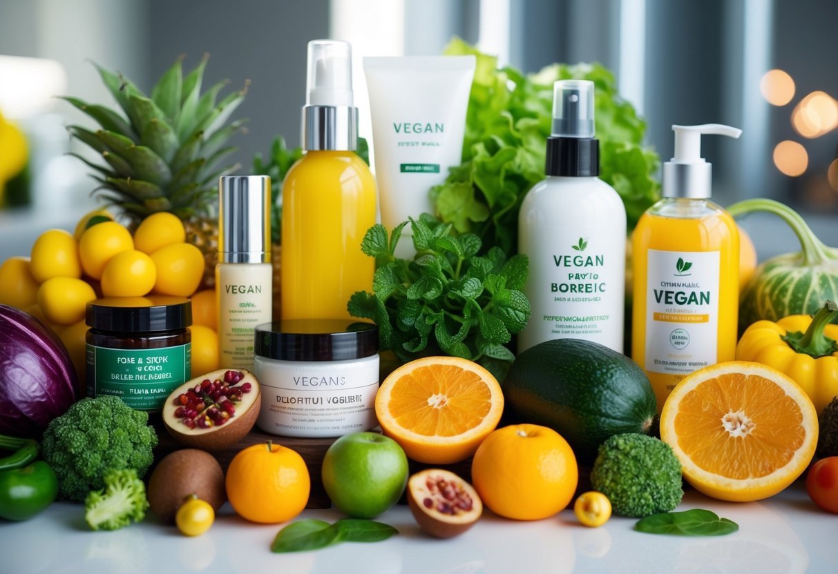 A colorful array of plant-based ingredients, fruits, and vegetables arranged in a cosmetic setting. A clear distinction between vegan and non-vegan products is evident