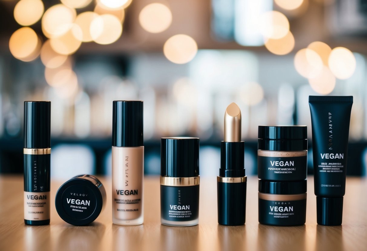 A table with various makeup products, all labeled as vegan, arranged in 5 steps from left to right