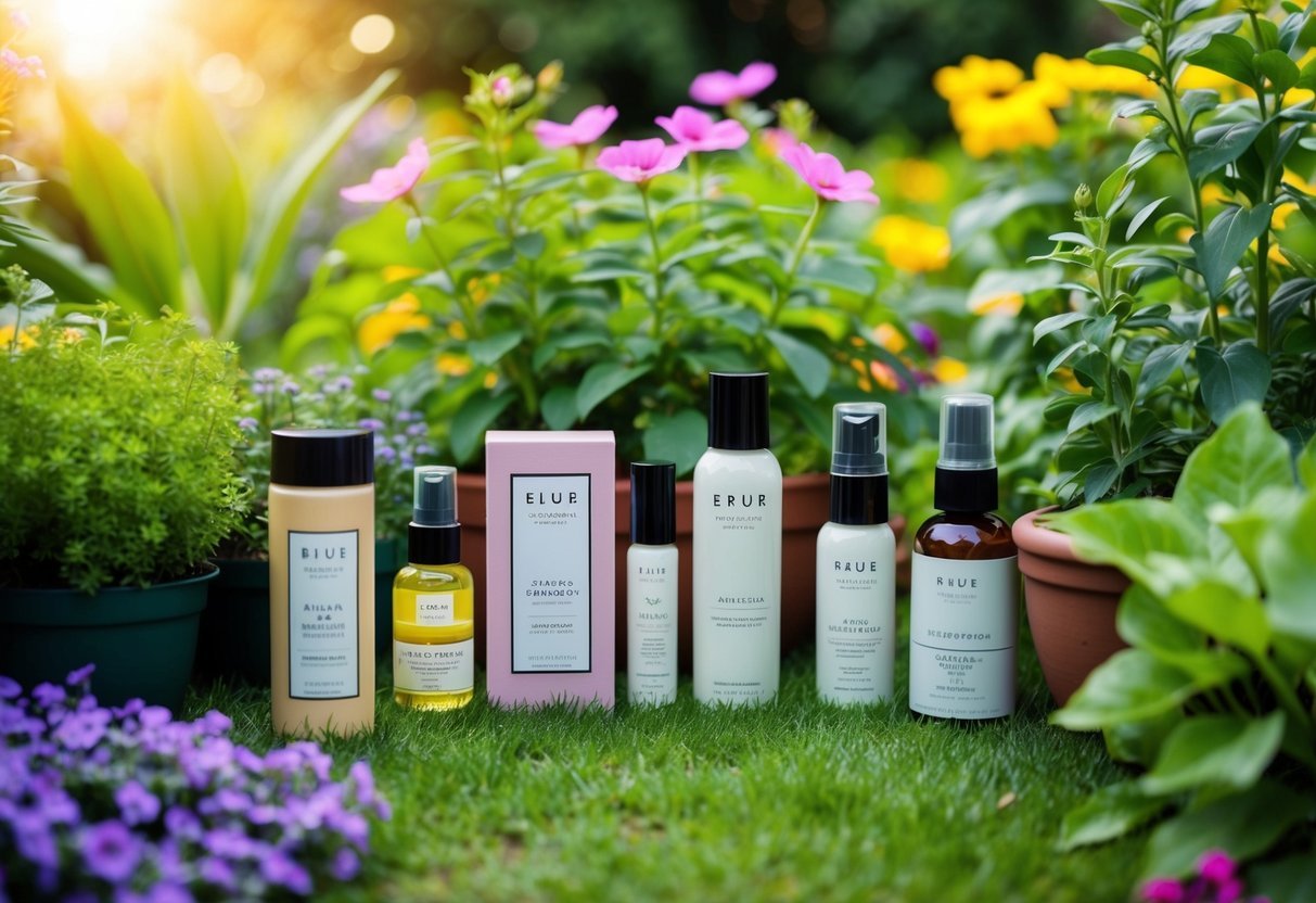 A lush garden with blooming flowers and vibrant plants, surrounded by sustainable packaging and cruelty-free beauty products