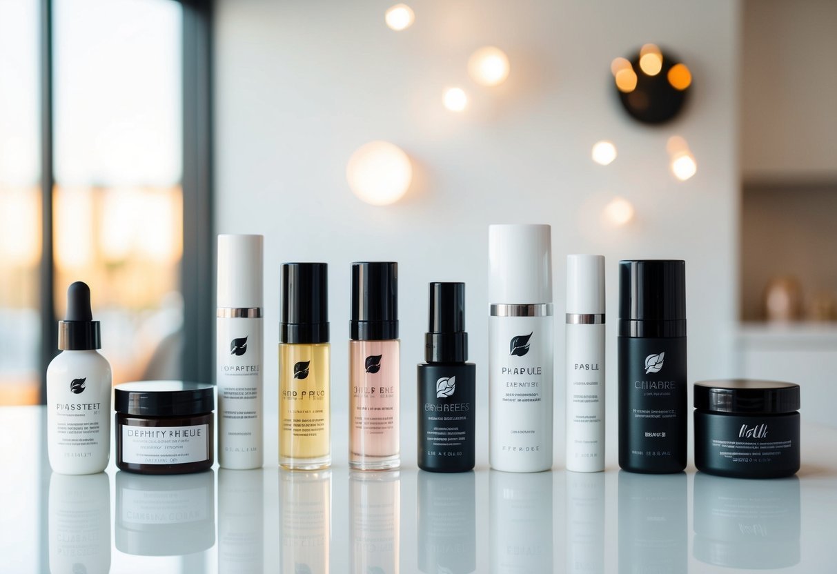 A display of cruelty-free beauty products arranged in a clean, modern setting with soft lighting