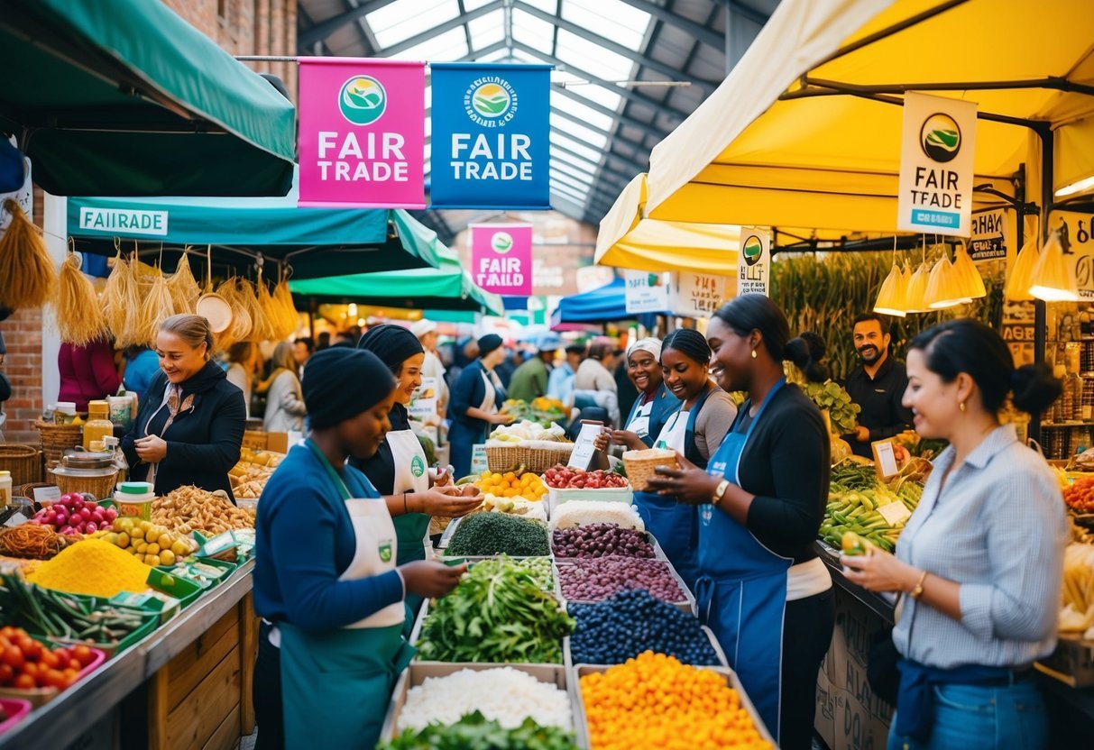 A vibrant marketplace with colorful stalls selling ethically sourced ingredients.</p><p>Vendors proudly display Fair Trade certifications.</p><p>Customers browse and engage with the passionate sellers