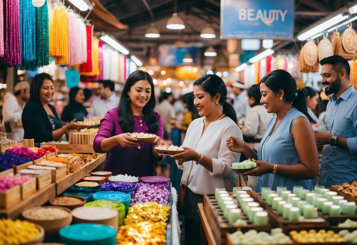 A bustling marketplace with colorful stalls displaying handmade beauty products.</p><p>Artisans and customers interact, exchanging goods and smiles