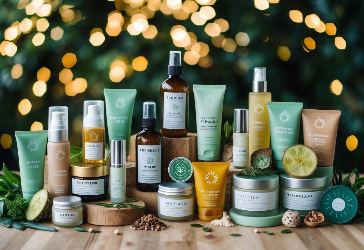 A diverse array of eco-friendly beauty products displayed in sustainable packaging, surrounded by nature-inspired elements and symbols of ethical production