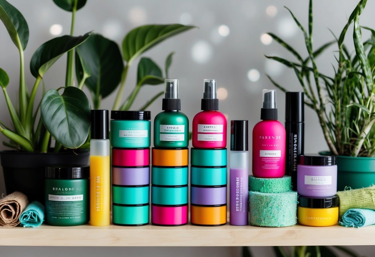 A shelf filled with colorful, refillable beauty containers, surrounded by natural and eco-friendly elements such as plants and recycled materials