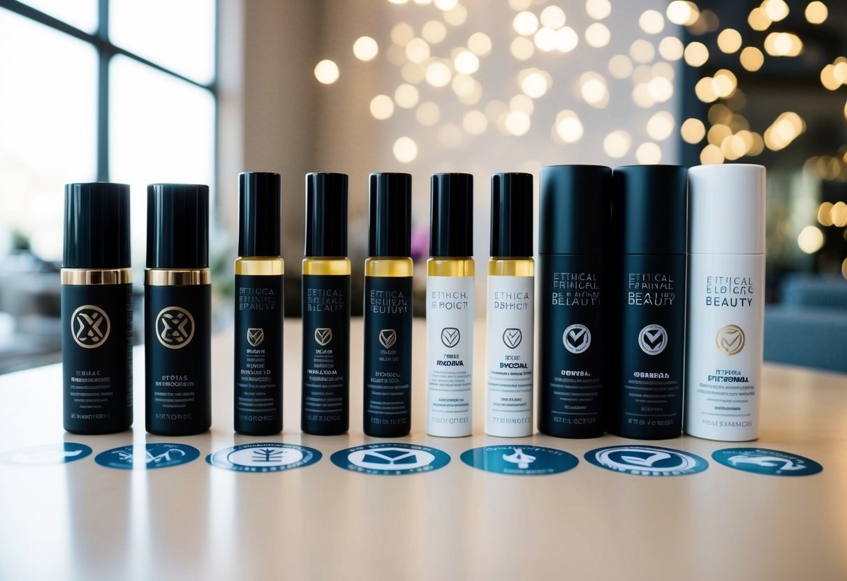 A row of beauty products with various ethical certifications displayed on their packaging, surrounded by symbols and logos representing different ethical standards