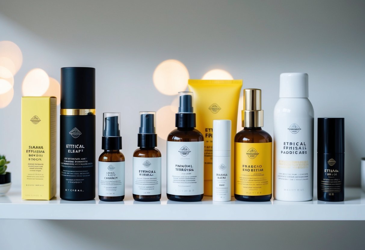 A collection of beauty products with various ethical certifications and labels displayed on a clean, modern shelf