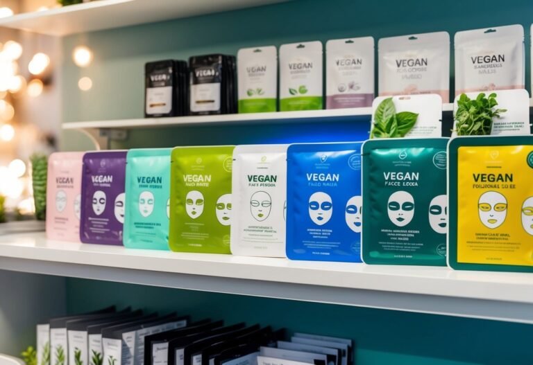 Shelves stocked with colorful vegan face masks, each with a stylized face design