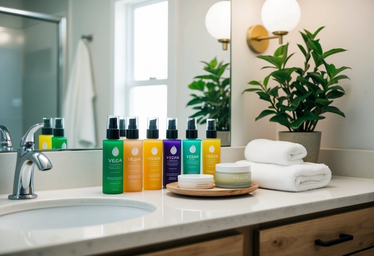 A serene bathroom countertop with a lineup of colorful vegan skincare products, a soft towel, and a potted plant for a natural, healthy vibe