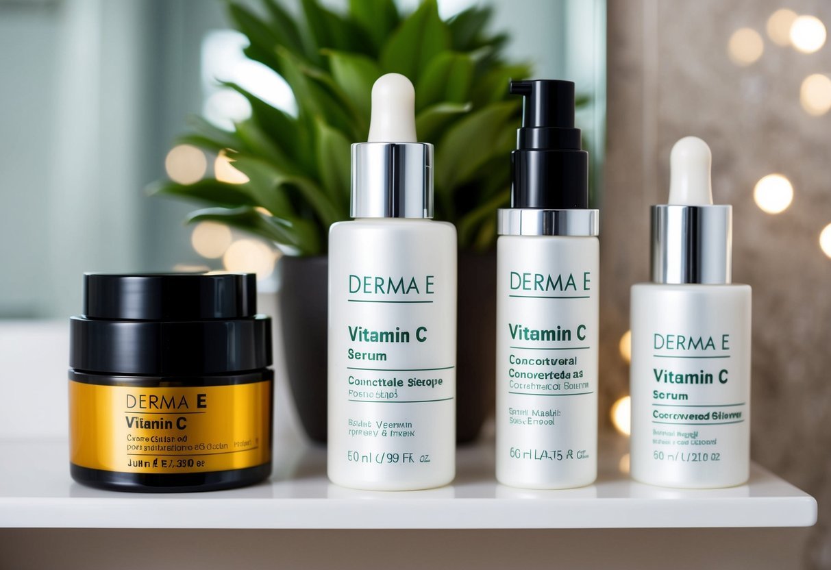 A bright, modern bathroom shelf with the Derma E Vitamin C Concentrated Serum prominently displayed among other vegan skincare products