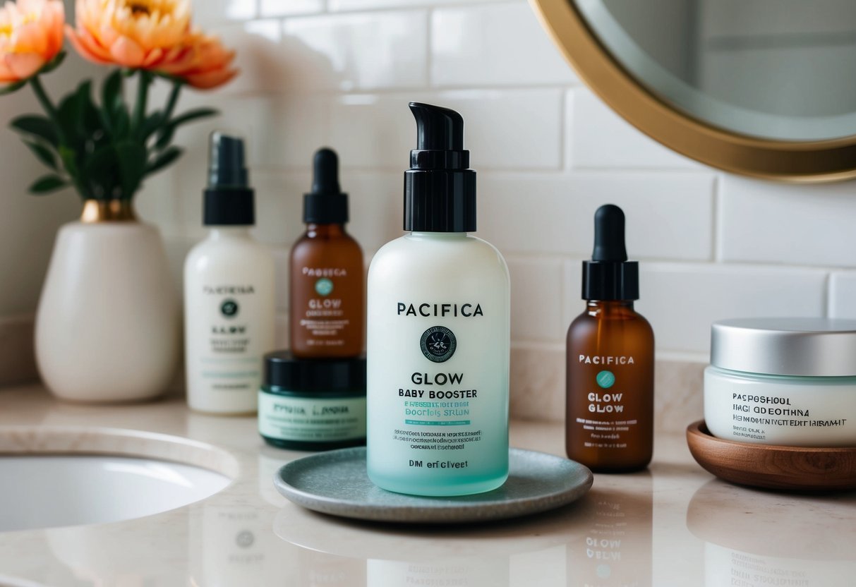 A serene bathroom counter with a bottle of Pacifica Glow Baby Booster Serum surrounded by other vegan skincare products