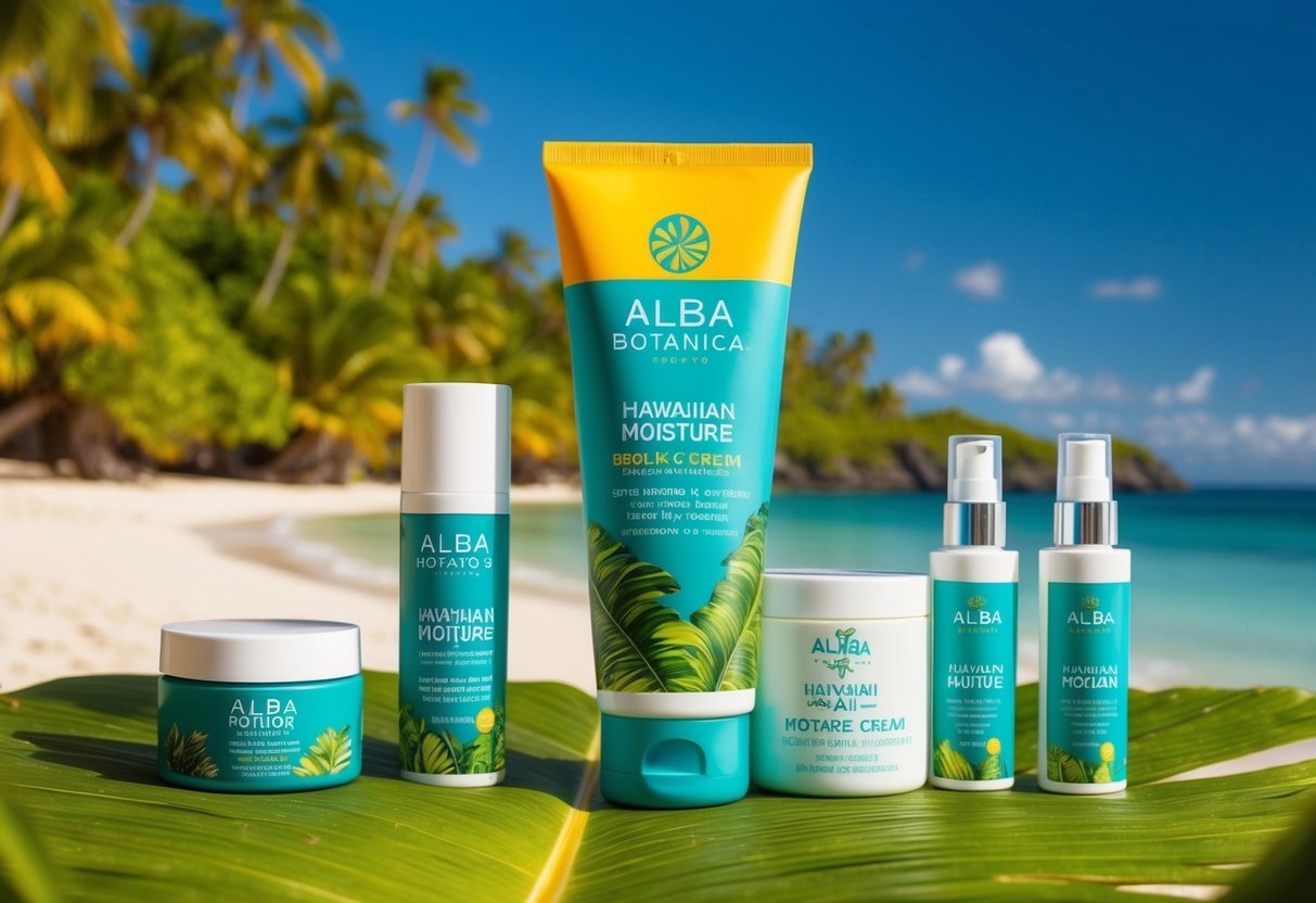 A tropical beach with vibrant, lush vegetation and a clear blue sky, showcasing the Alba Botanica Hawaiian Moisture Cream surrounded by various vegan skincare products