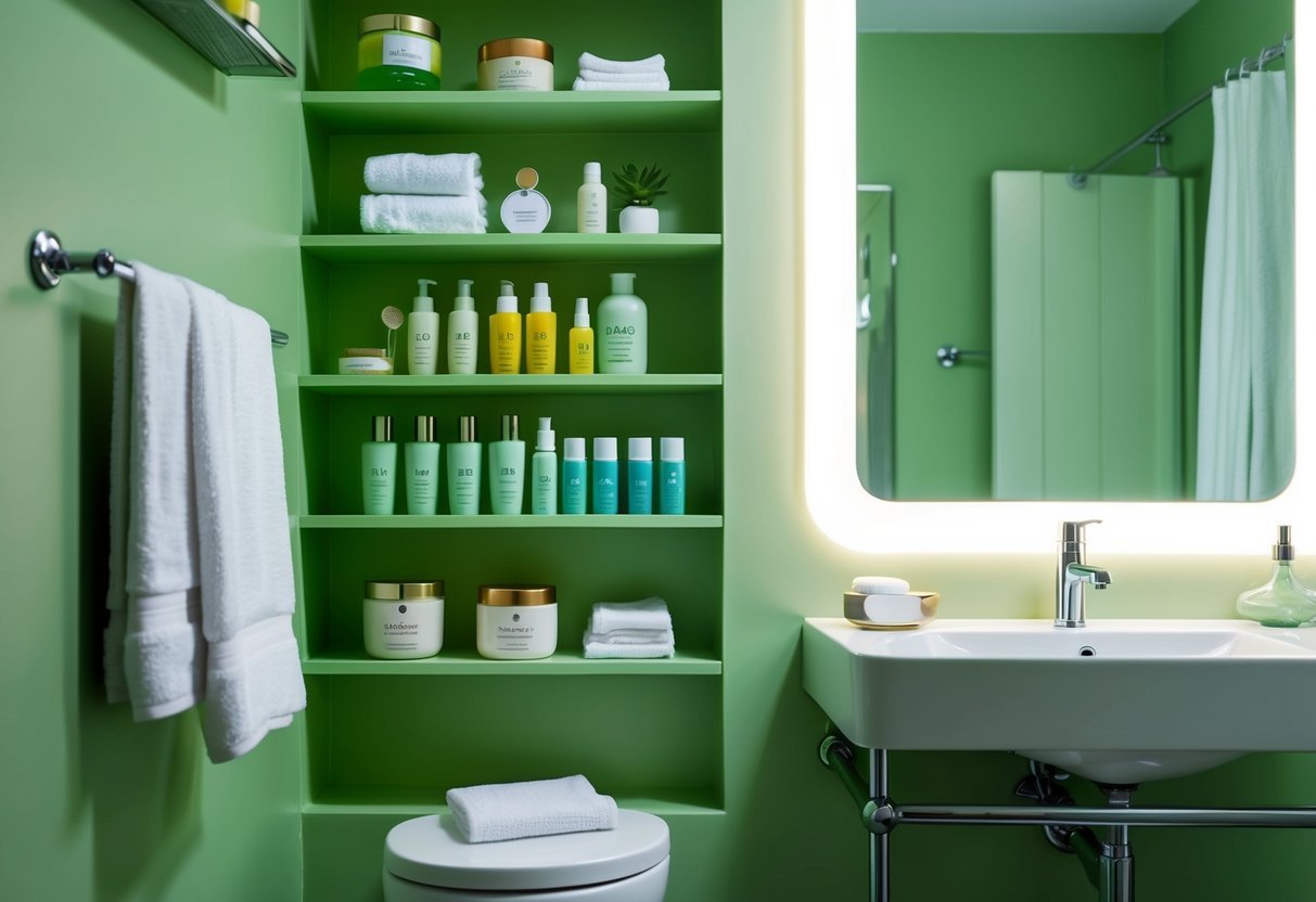 A serene, green-filled bathroom with shelves of colorful vegan skincare products, a soft towel, and a glowing mirror