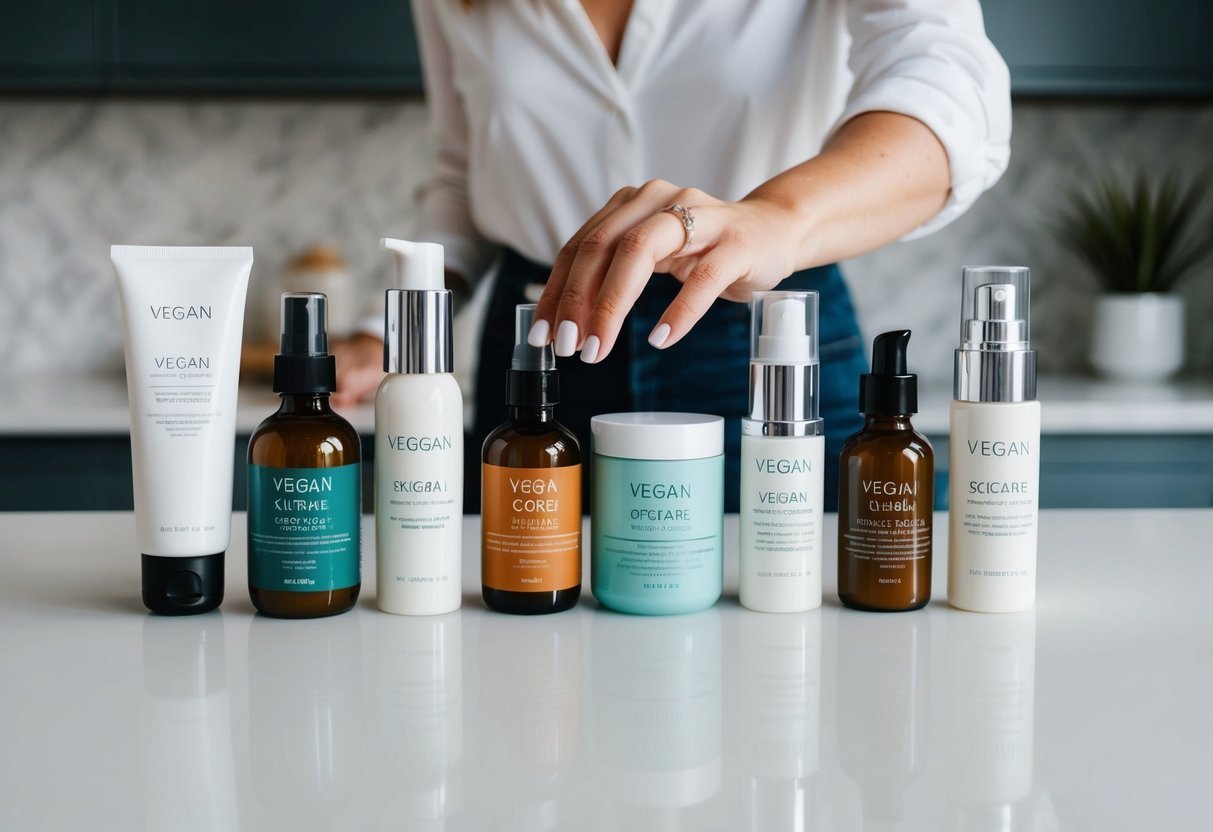 A woman's hand reaching for a variety of vegan skincare products arranged neatly on a clean, white countertop