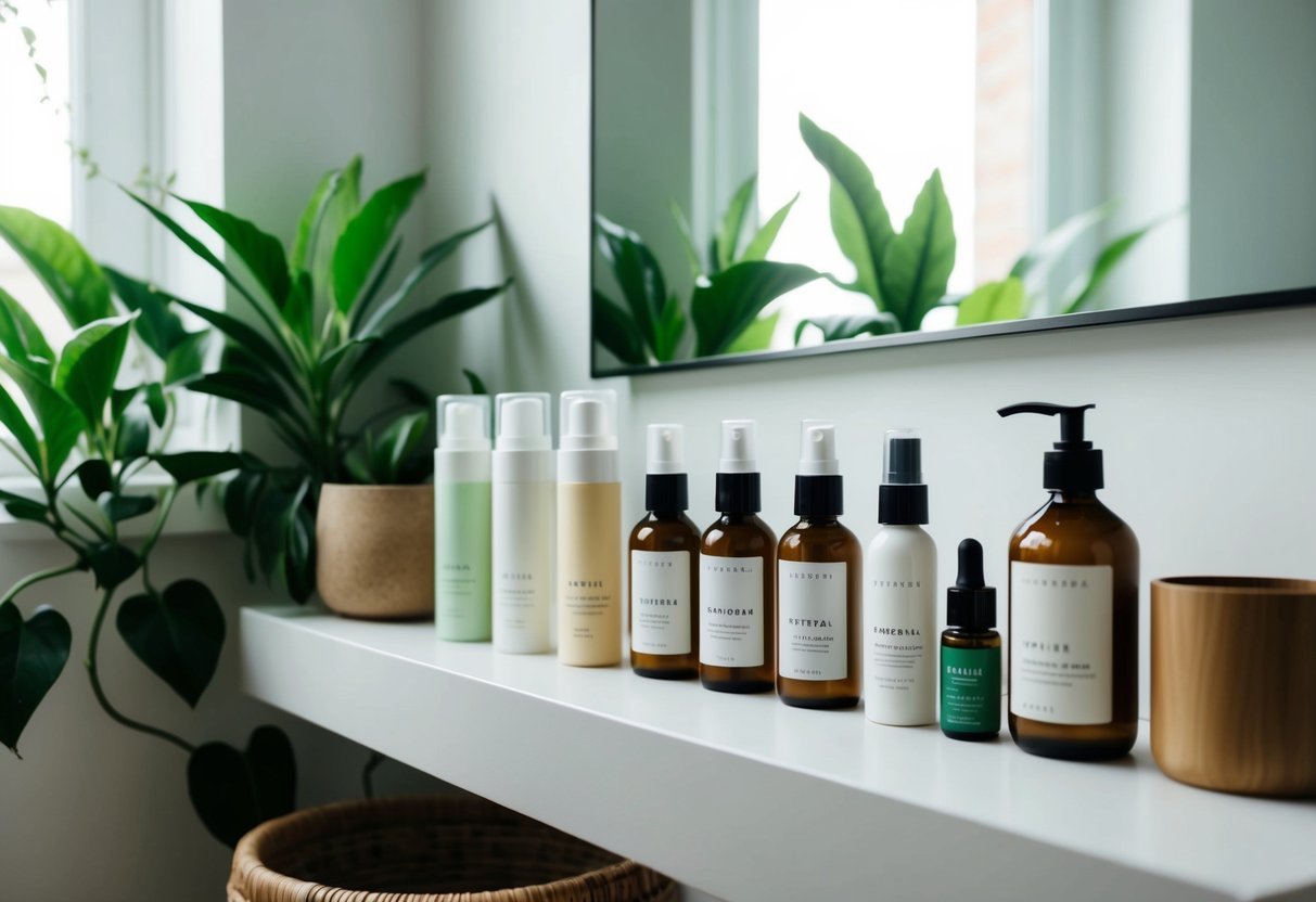 A serene, minimalist bathroom shelf with various vegan skincare products neatly arranged in a row, surrounded by lush green plants and natural light streaming in through a window