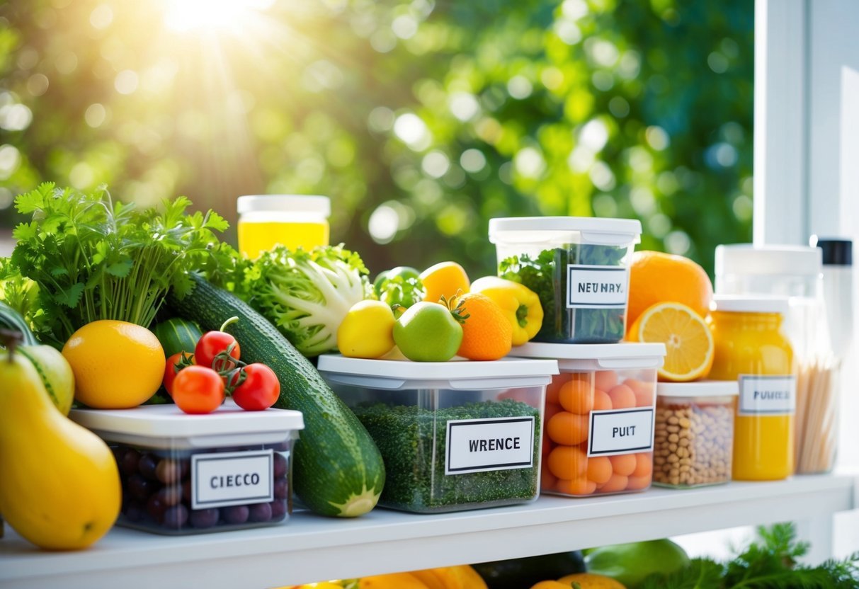 Various natural products (e.g. fruits, vegetables, herbs) arranged on a shelf with proper storage containers and labels, surrounded by sunlight and a fresh, clean environment