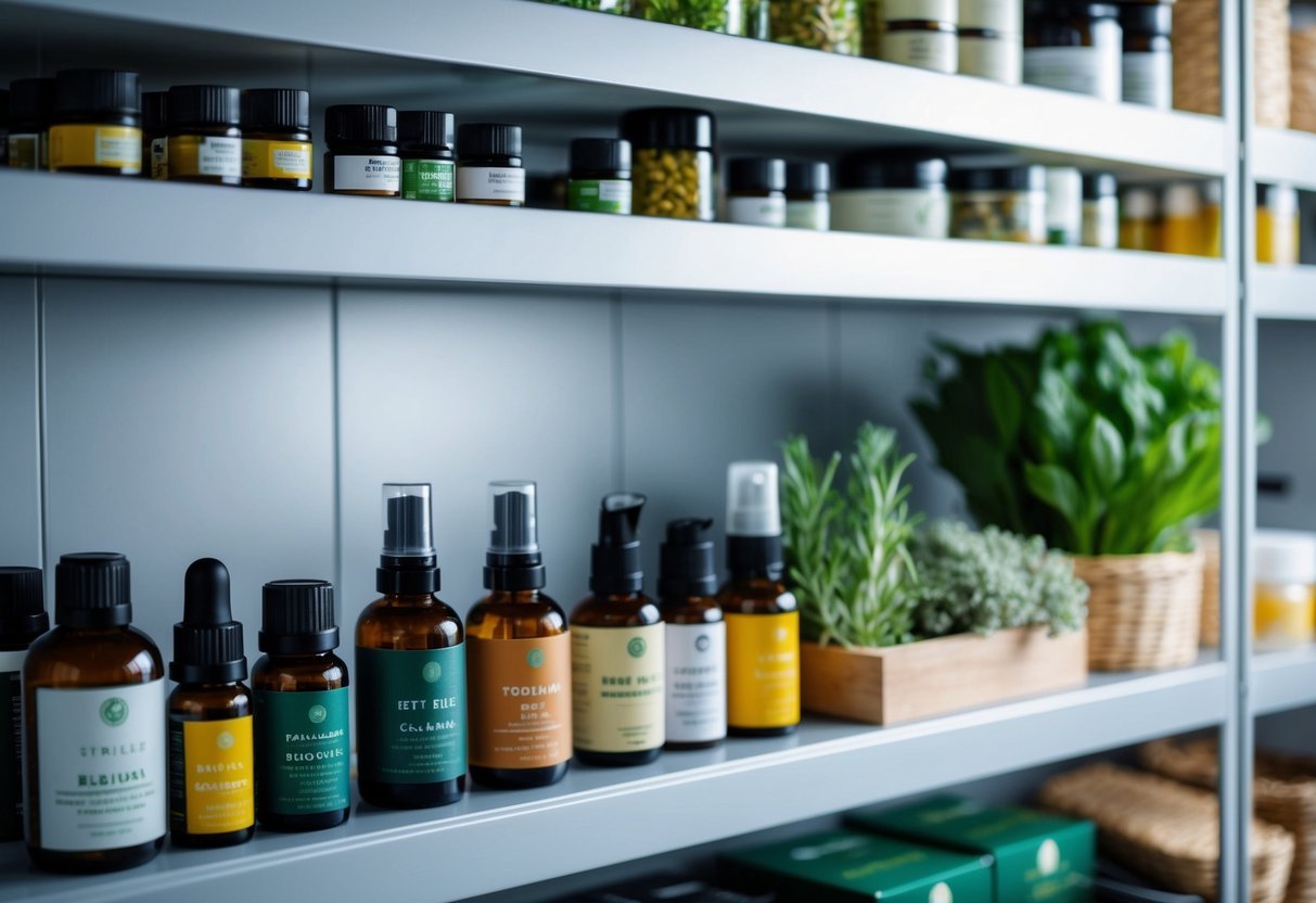 A shelf with various natural products (e.g. herbs, essential oils, skincare items) neatly organized in a cool, dry environment