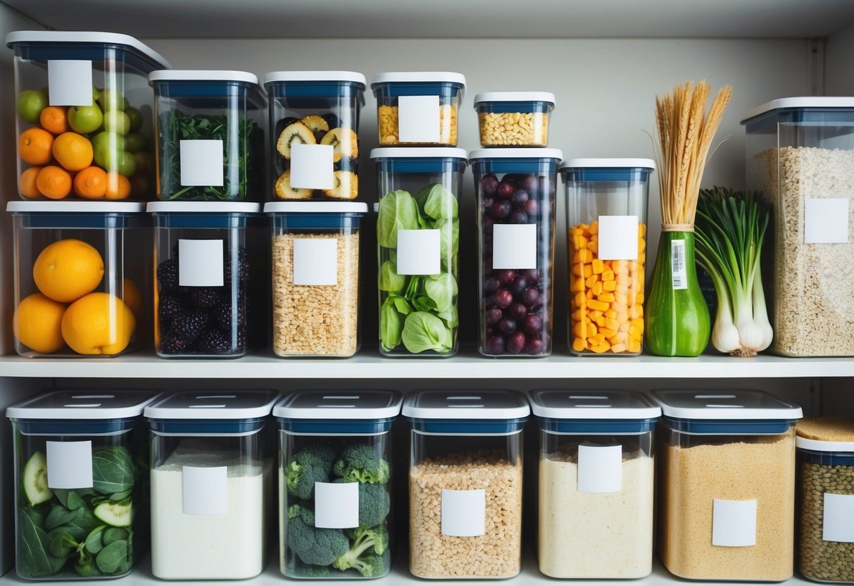 Various natural products, such as fruits, vegetables, and grains, are stored in airtight containers on a shelf. The containers are neatly organized and labeled for easy identification