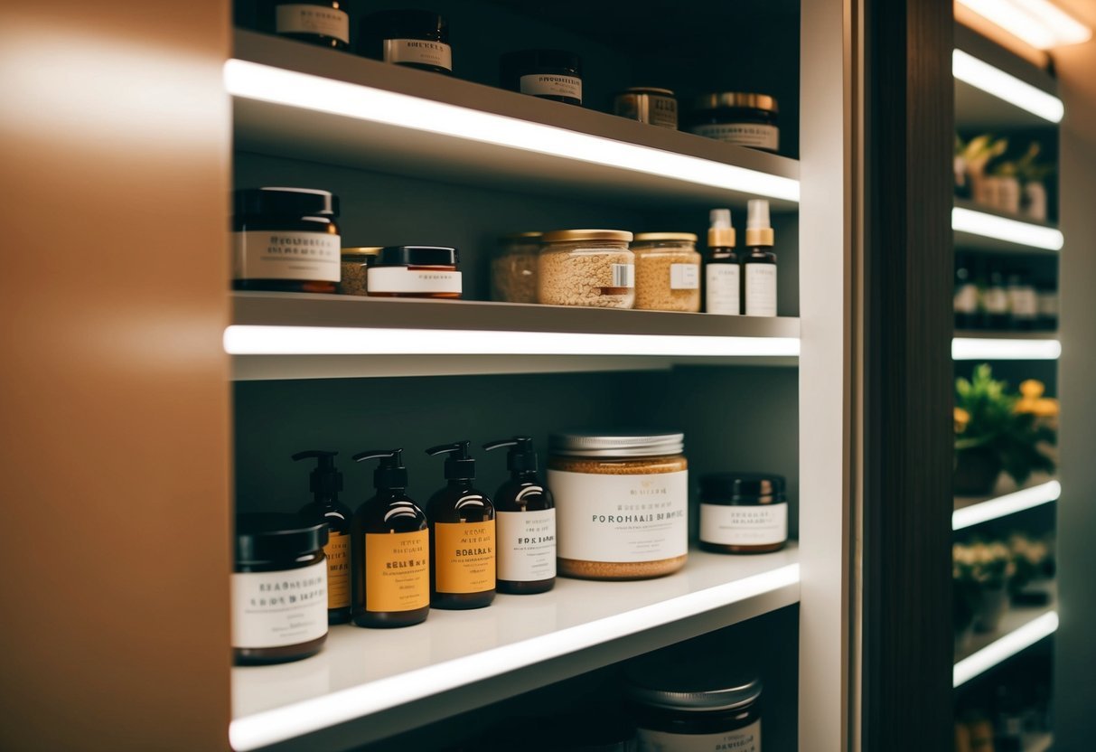 A shelf with natural products, surrounded by shade and indoor lighting