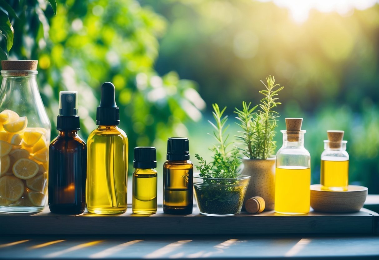 Various natural products (e.g. oils, herbs) are stored in a cool, shaded area away from direct sunlight and heat sources