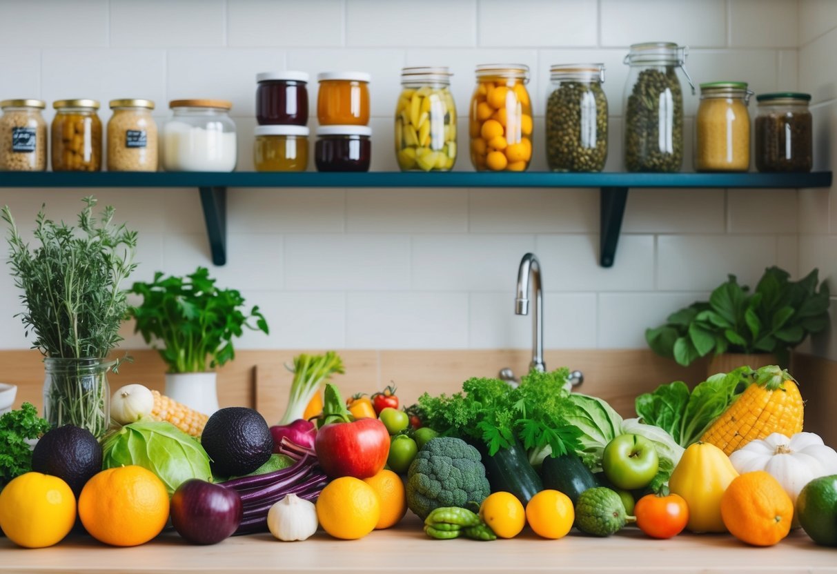 A kitchen counter with various natural products neatly arranged, including fruits, vegetables, and herbs. A shelf in the background holds jars of homemade preserves and dried herbs