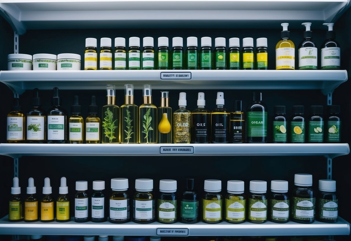 Various natural products (oils, herbs, etc.) neatly organized on shelves with labels. Airtight containers, cool, dark environment