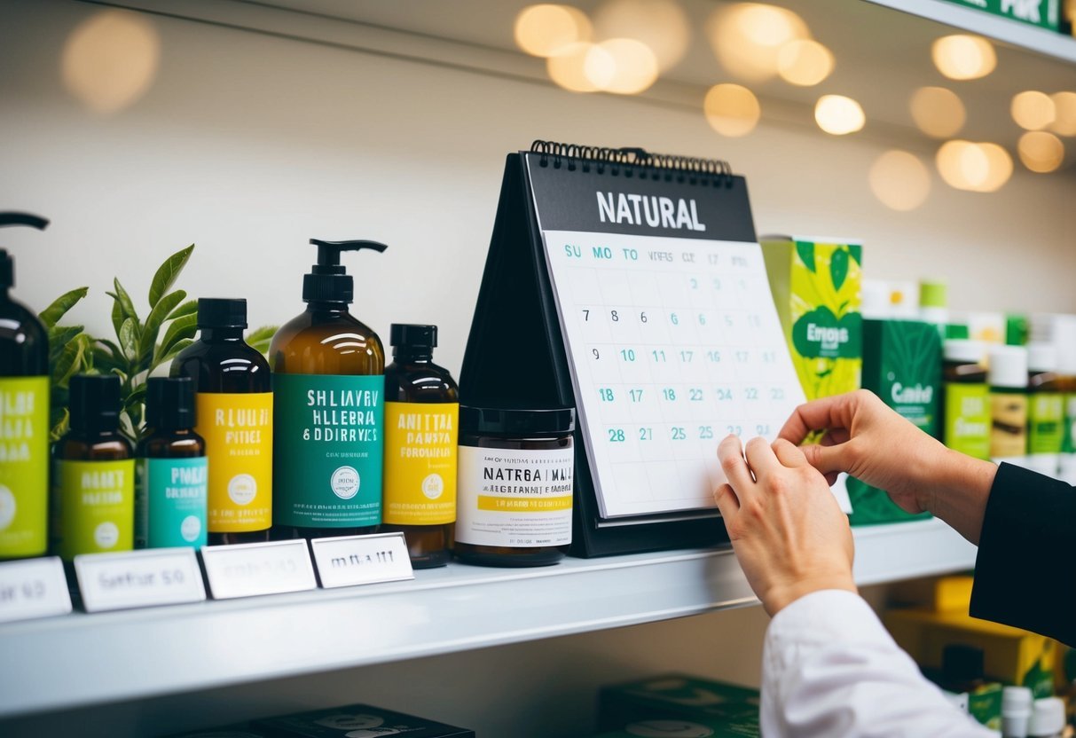 Various natural products arranged on a shelf with labels. A calendar showing expiration dates. A hand reaching for a product