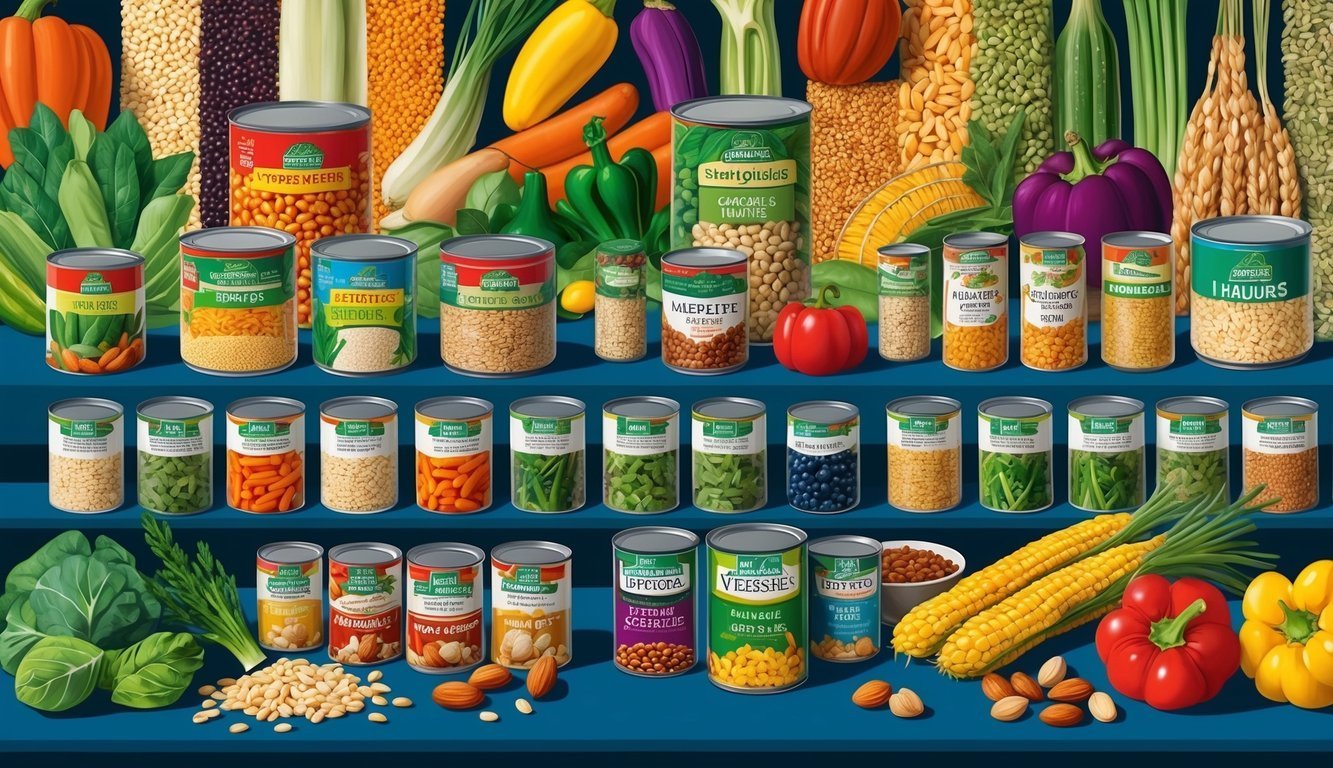 Canned vegetables and beans arranged with fresh produce on a blue shelf
