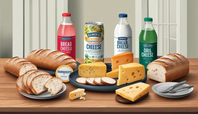Bread, cheese, and drinks on a wooden table, with a plate and utensils