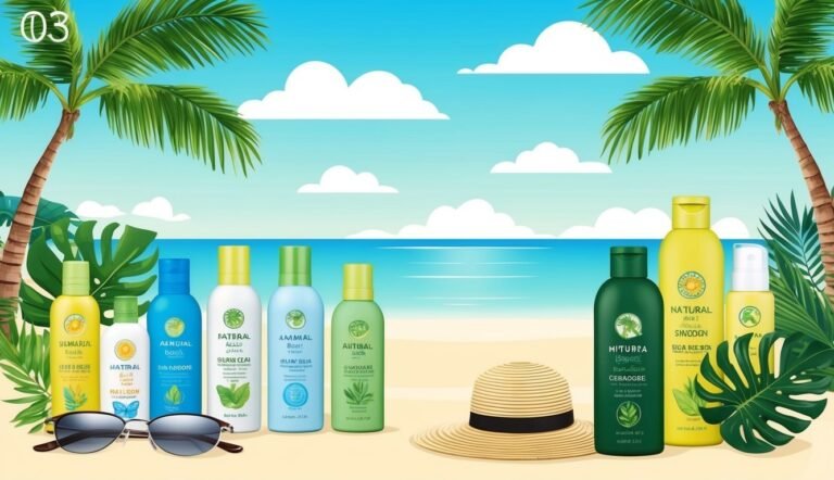 Beach scene with sunscreen bottles, sunglasses, and a straw hat