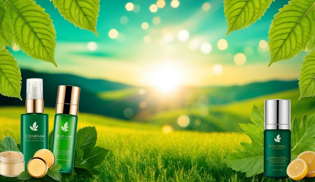 Skincare products with a green and gold theme, set in a natural landscape