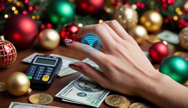 Hand with wifi symbol over money and Christmas decorations