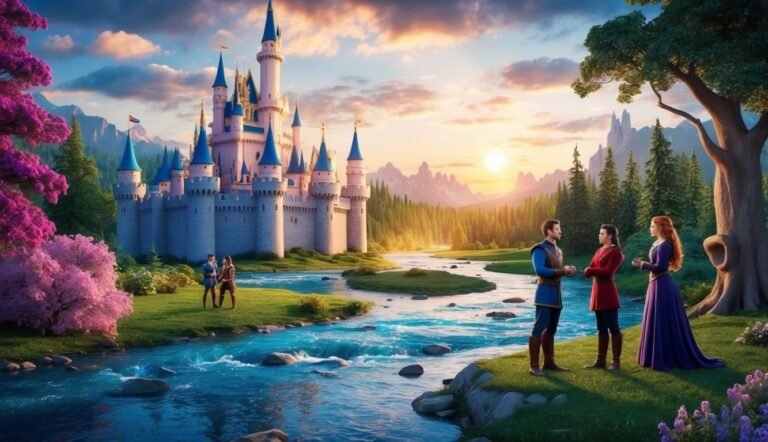 Fairytale scene with castle, river, and three people in medieval attire