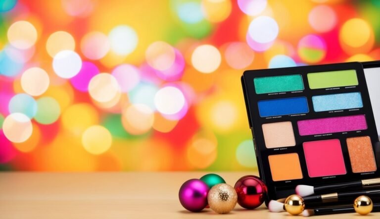 Makeup palette with colorful eyeshadows, brushes, and Christmas ornaments