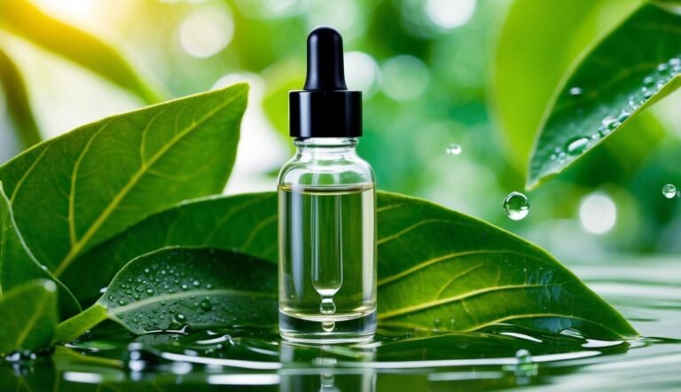 Glass dropper bottle with oil, surrounded by green leaves and water droplets