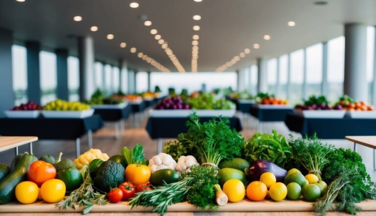 Fresh vegetables and fruits on a table, with a buffet in the background