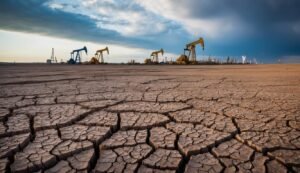 Cracked earth with oil pumps in the distance under a cloudy sky