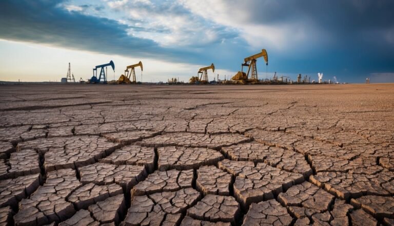 Cracked earth with oil pumps in the distance under a cloudy sky