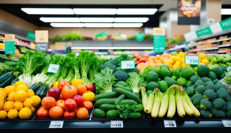 Fresh produce display in a grocery store, including fruits and vegetables