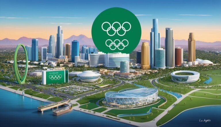 Cityscape with Olympic rings, stadiums, and skyscrapers, likely Los Angeles