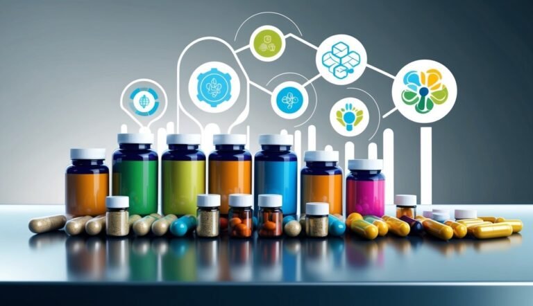 Pills and bottles of medicine with a data chart in the background