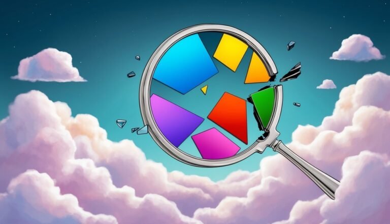 Magnifying glass with colorful broken segments floating in a cloudy sky