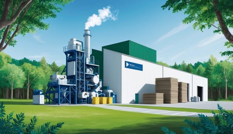 Industrial plant with smoke stack, white building, and stacks of wood