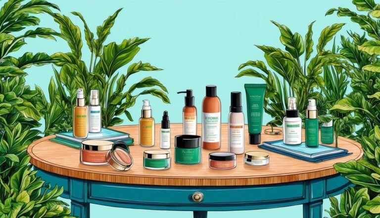 Various skincare products arranged on a table with green plants in the background