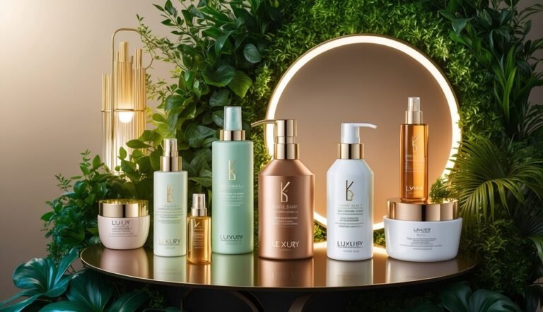 Cosmetic products with gold accents on a reflective surface, surrounded by greenery