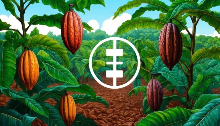 Cocoa pods hanging on trees in a plantation with a logo in the center