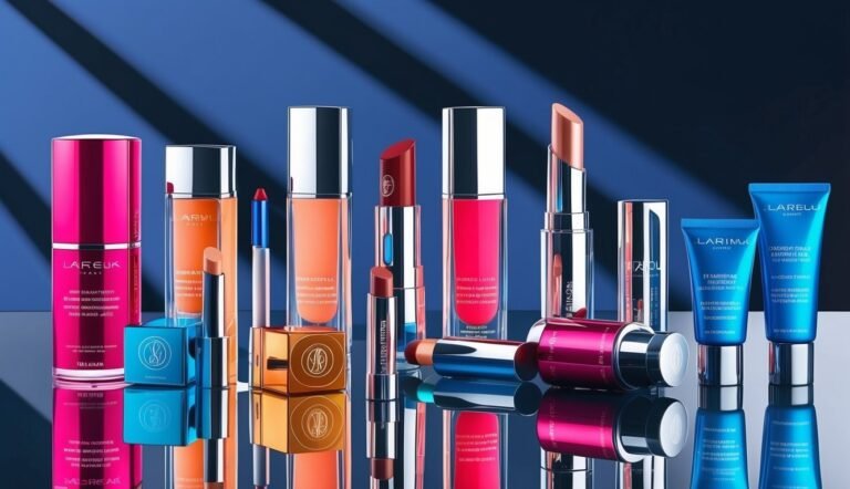 Cosmetics display: lipsticks, lip glosses, and skincare products on a reflective surface