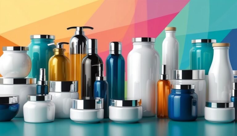 Collection of cosmetic bottles and jars with colorful geometric background