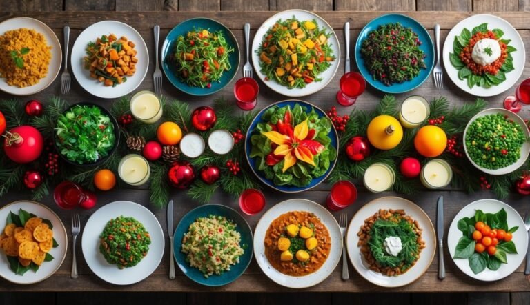 Festive holiday table set with various dishes, decorations, and candles