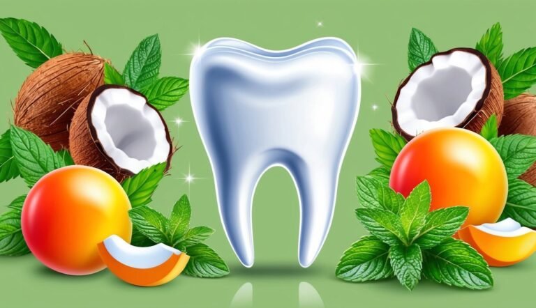 Shiny tooth surrounded by coconuts, oranges, and mint leaves on green background